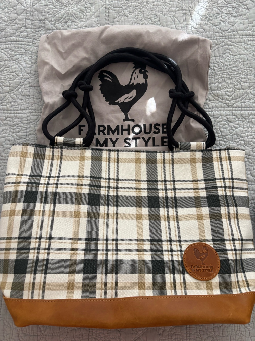 Farmhouse Plaid Tote Bag in Beige and Black